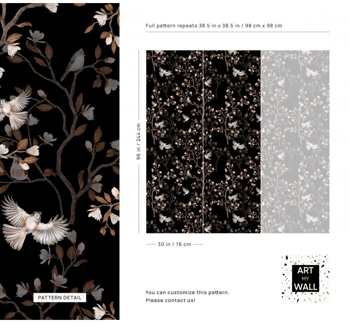 Dark floral wallpaper with birds Chinoiserie style