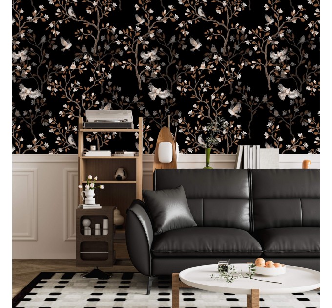 Dark floral wallpaper with birds Chinoiserie style