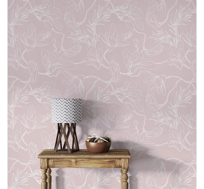Minimalist floral wallpaper, linear flowers on mauve pink