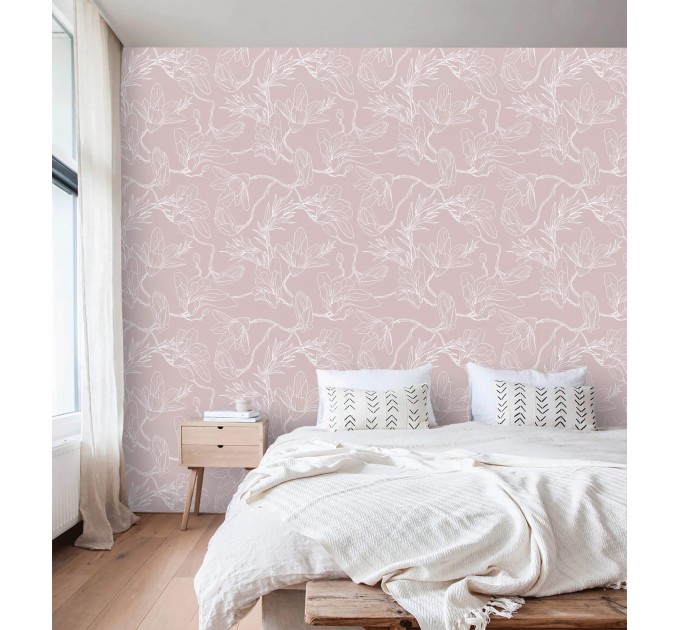 Minimalist floral wallpaper, linear flowers on mauve pink