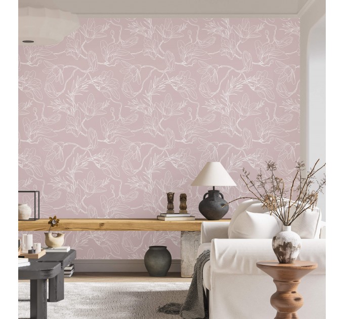 Minimalist floral wallpaper, linear flowers on mauve pink