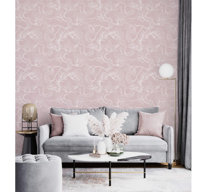 Minimalist floral wallpaper, linear flowers on mauve pink
