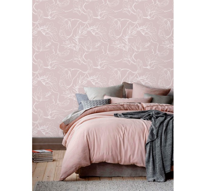 Minimalist floral wallpaper, linear flowers on mauve pink