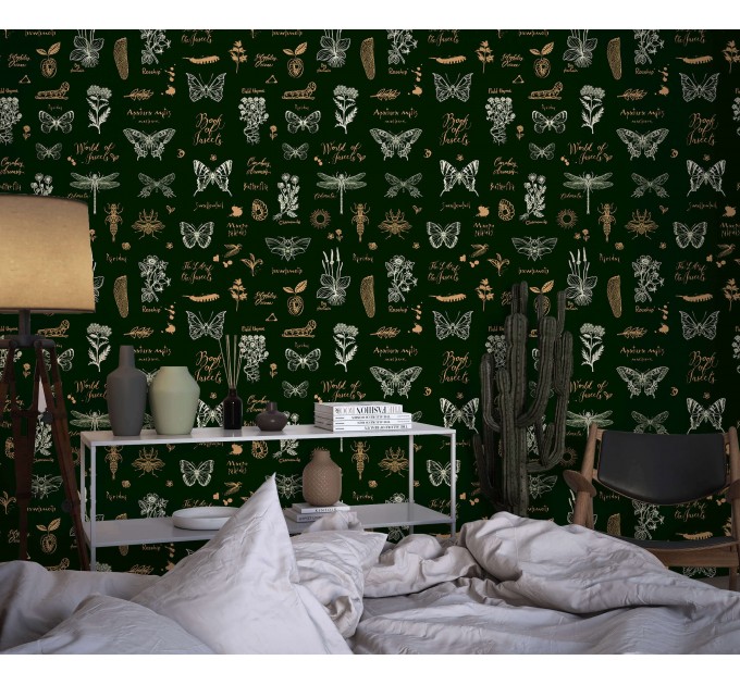 Dark green wallpaper butterflies. Whimsical retro design