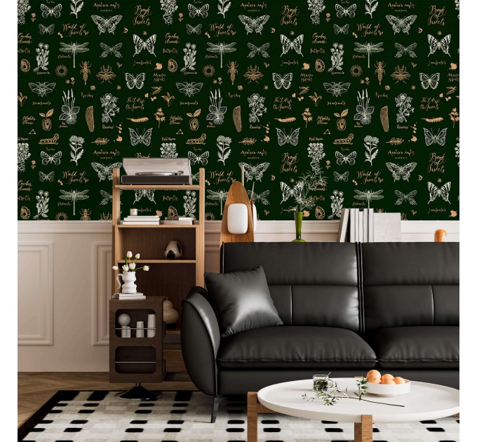 Dark green wallpaper butterflies. Whimsical retro design
