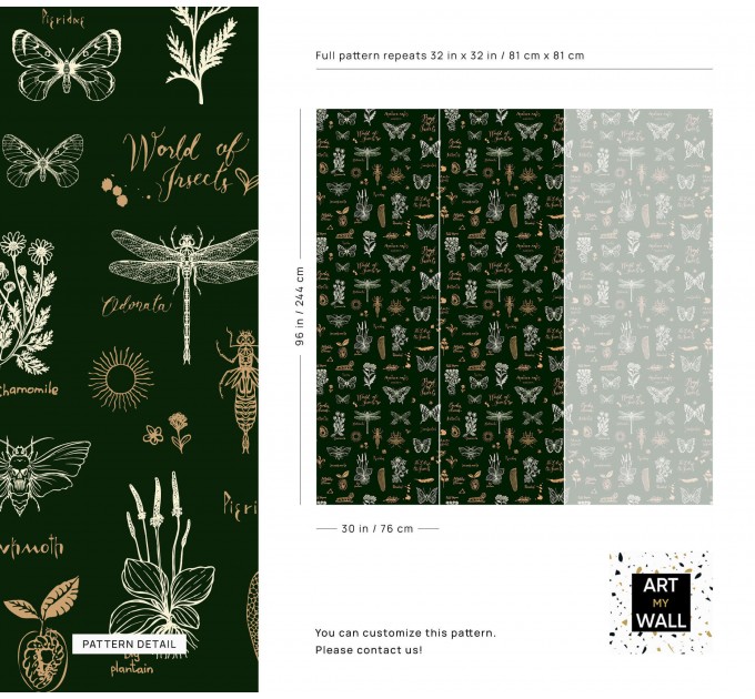 Dark green wallpaper butterflies. Whimsical retro design