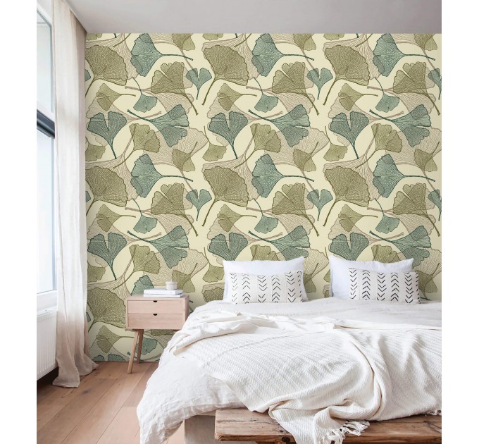 Botanical wallpaper with linear ginkgo leaves