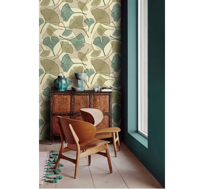 Botanical wallpaper with linear ginkgo leaves
