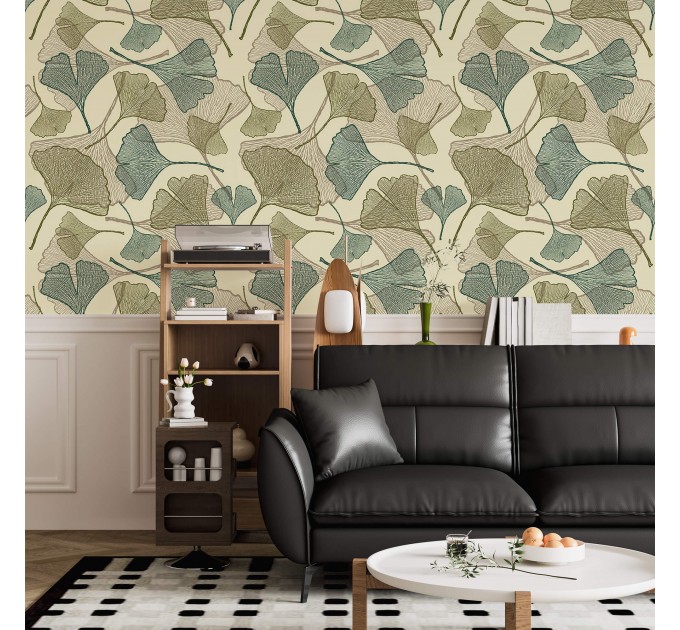 Botanical wallpaper with linear ginkgo leaves