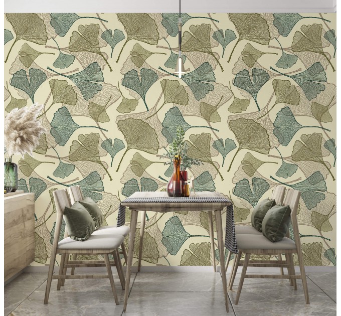 Botanical wallpaper with linear ginkgo leaves