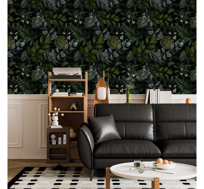 Dark botanical wallpaper moody leaves design
