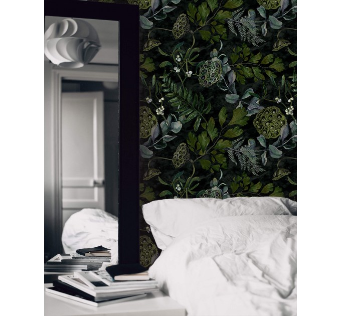 Dark botanical wallpaper moody leaves design