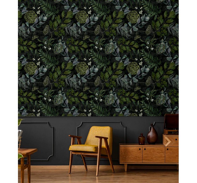 Dark botanical wallpaper moody leaves design