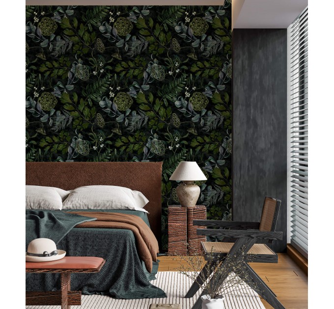 Dark botanical wallpaper moody leaves design