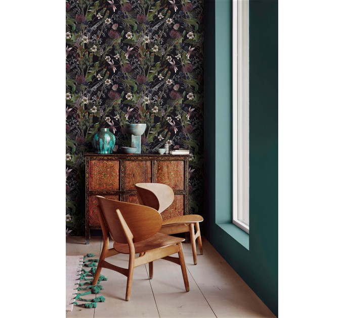 Dark floral wallpaper herbs and wildflowers