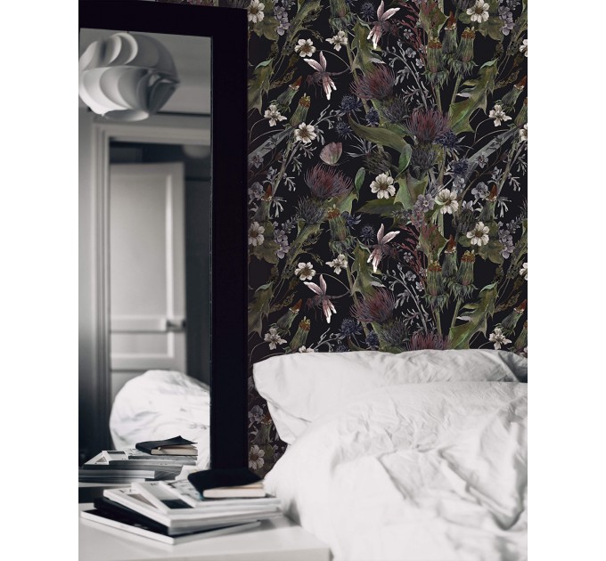 Dark floral wallpaper herbs and wildflowers