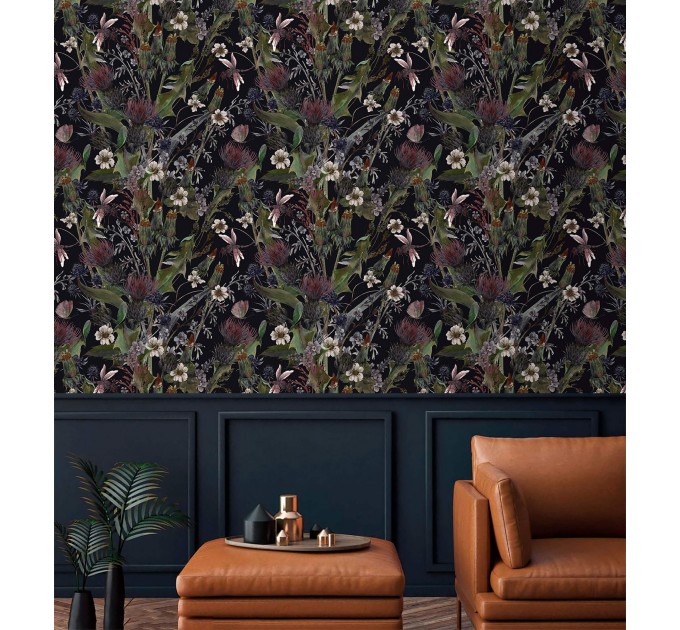 Dark floral wallpaper herbs and wildflowers