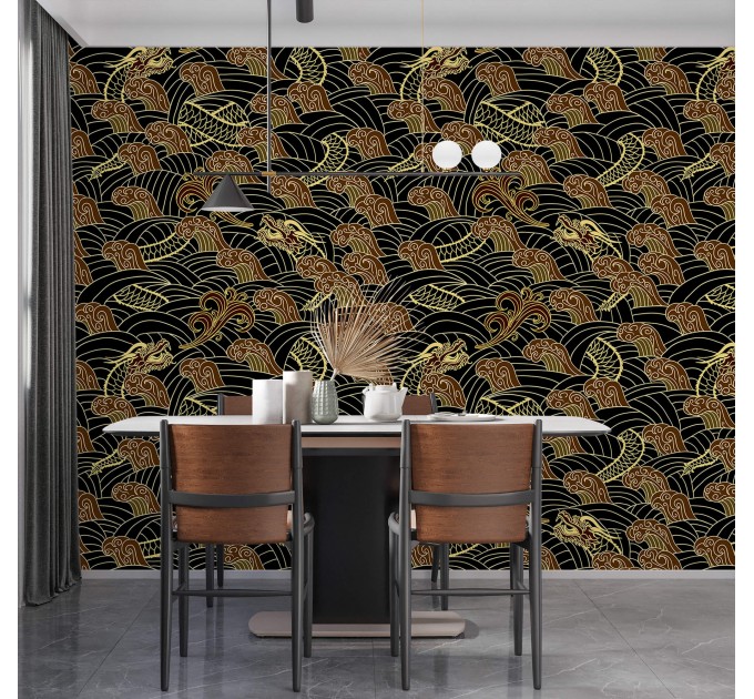Dark wallpaper dragons on black oriental style