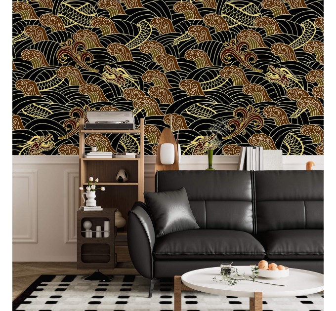 Dark wallpaper dragons on black oriental style