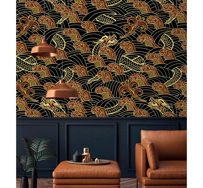 Dark wallpaper dragons on black oriental style