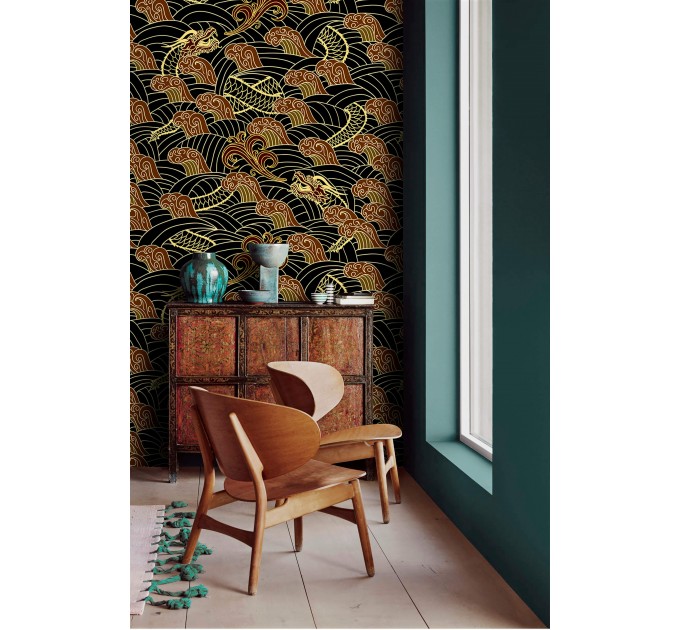 Dark wallpaper dragons on black oriental style