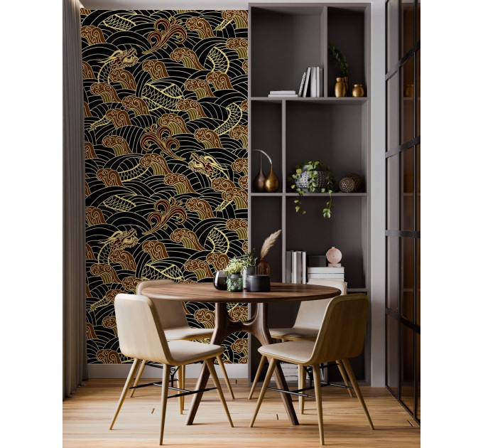 Dark wallpaper dragons on black oriental style