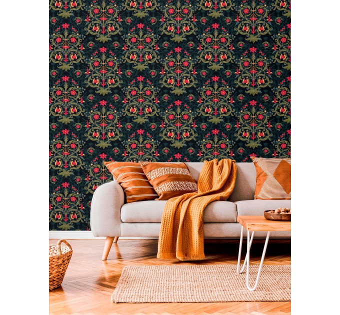 Dark floral wallpaper, moody vintage botanical decor