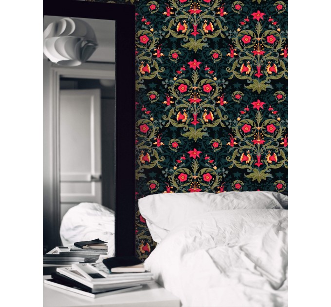 Dark floral wallpaper, moody vintage botanical decor