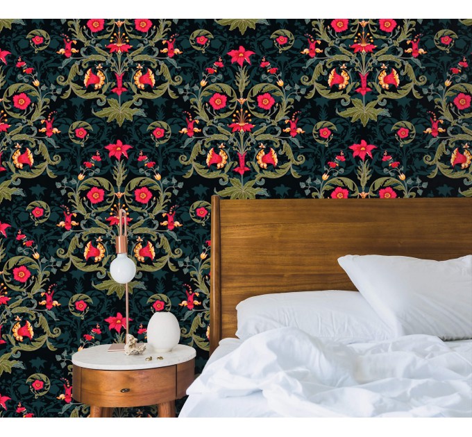 Dark floral wallpaper, moody vintage botanical decor
