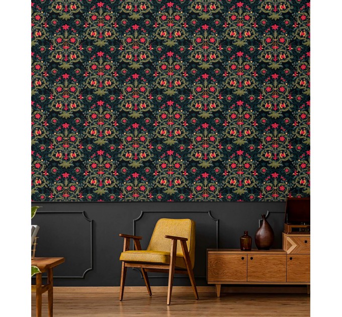 Dark floral wallpaper, moody vintage botanical decor