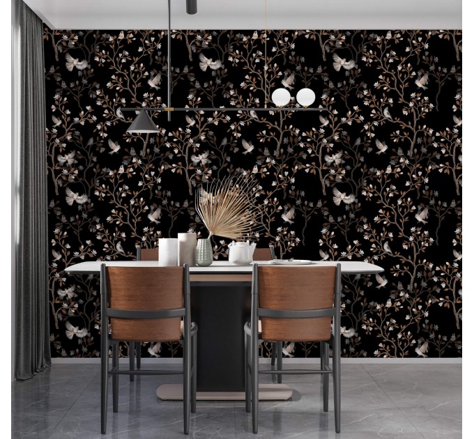 Dark floral wallpaper with birds Chinoiserie style