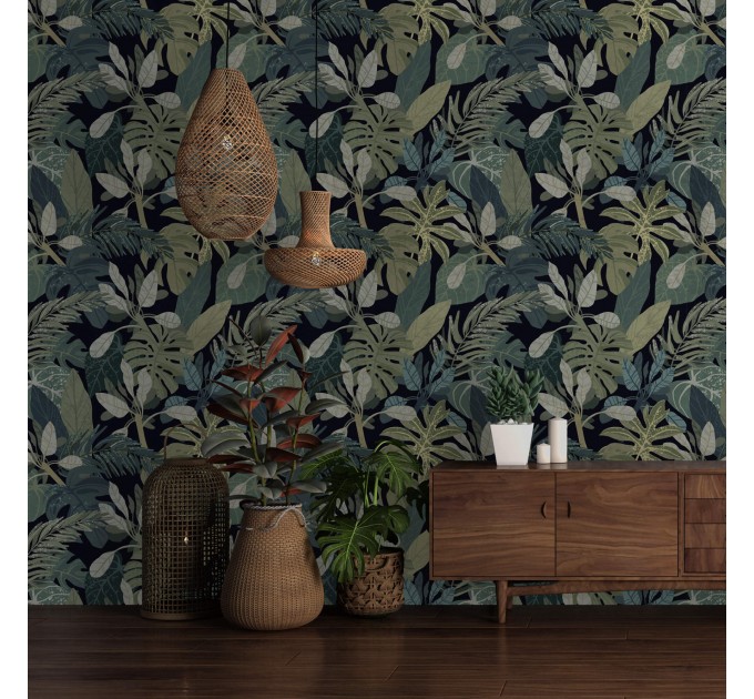 Dark botanical wallpaper Lush tropical leaves