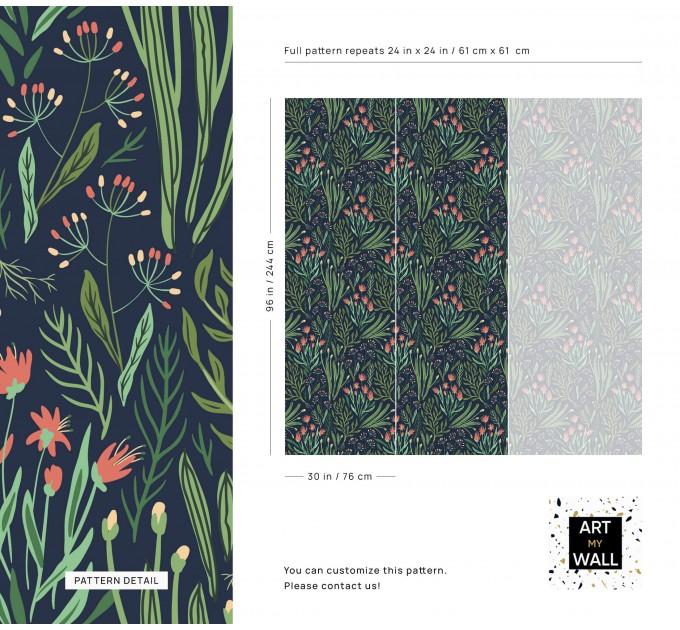 Dark floral wallpaper, accent wall wildflowers