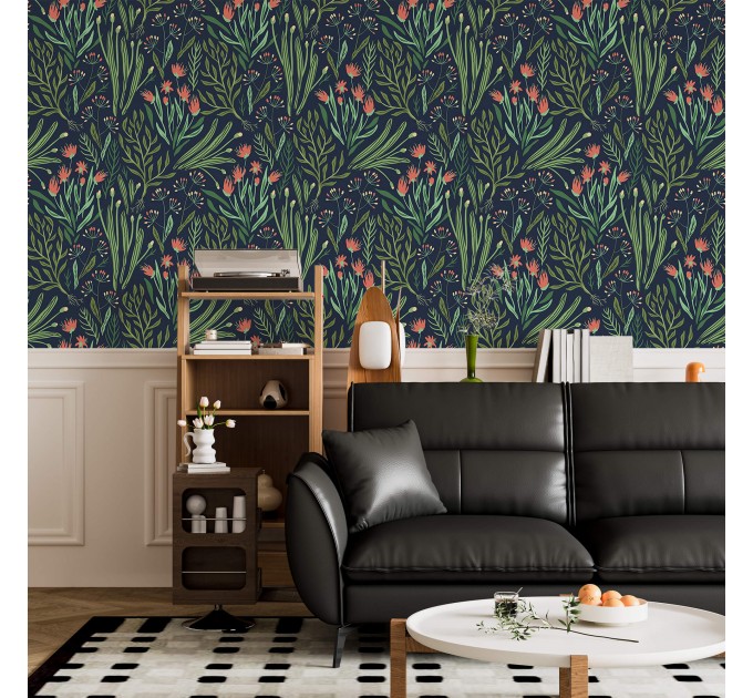 Dark floral wallpaper, accent wall wildflowers