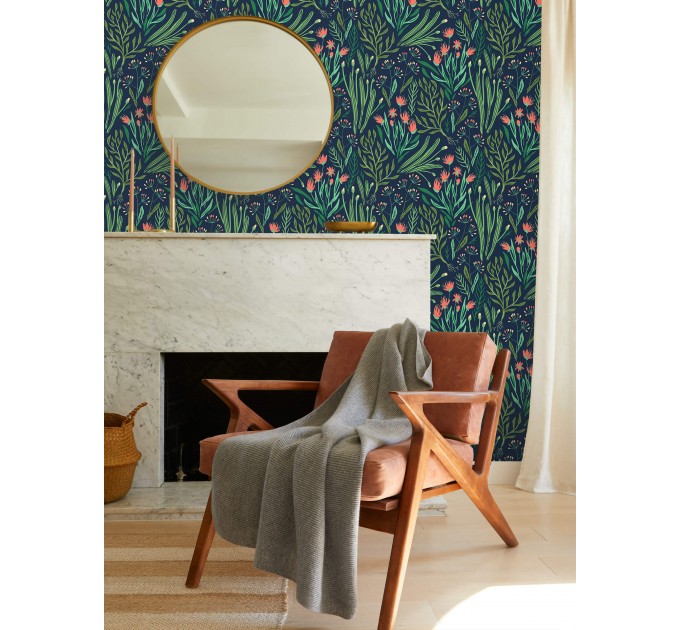 Dark floral wallpaper, accent wall wildflowers