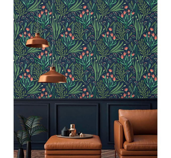 Dark floral wallpaper, accent wall wildflowers