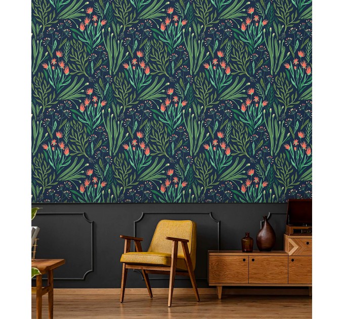 Dark floral wallpaper, accent wall wildflowers