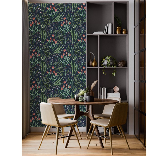 Dark floral wallpaper, accent wall wildflowers