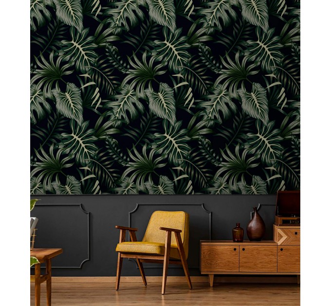 Dark tropical wallpaper with palm leaves