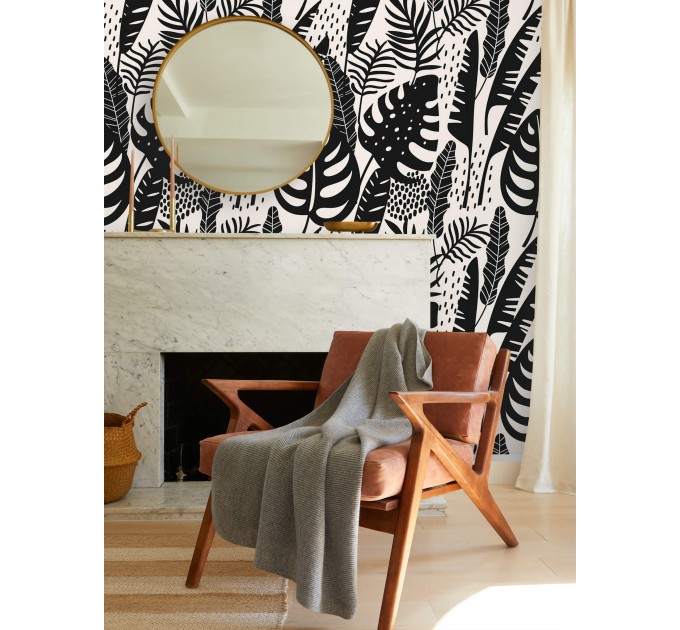 Botanical wallpaper large tropical leaves black and white