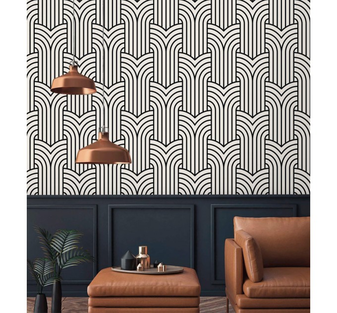 Geometric wallpaper art deco design, black and white pattern