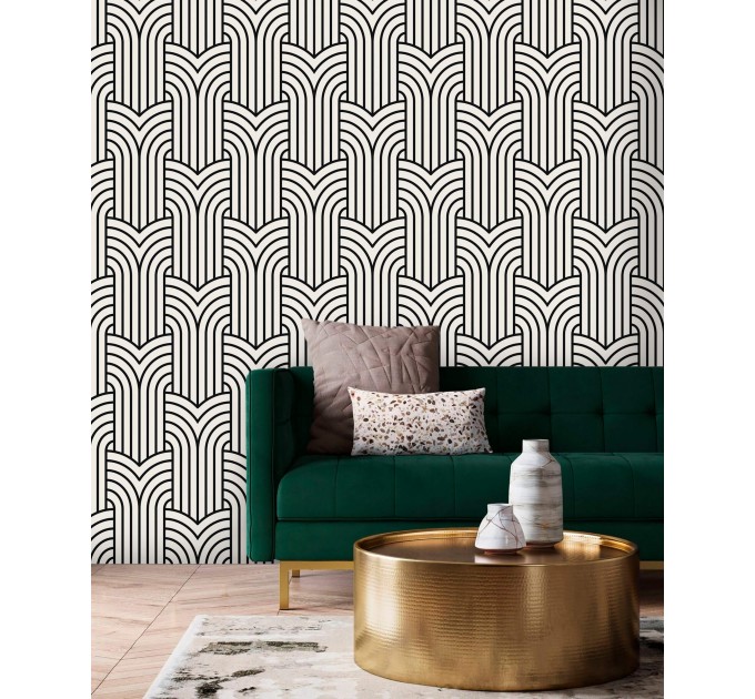 Geometric wallpaper art deco design, black and white pattern