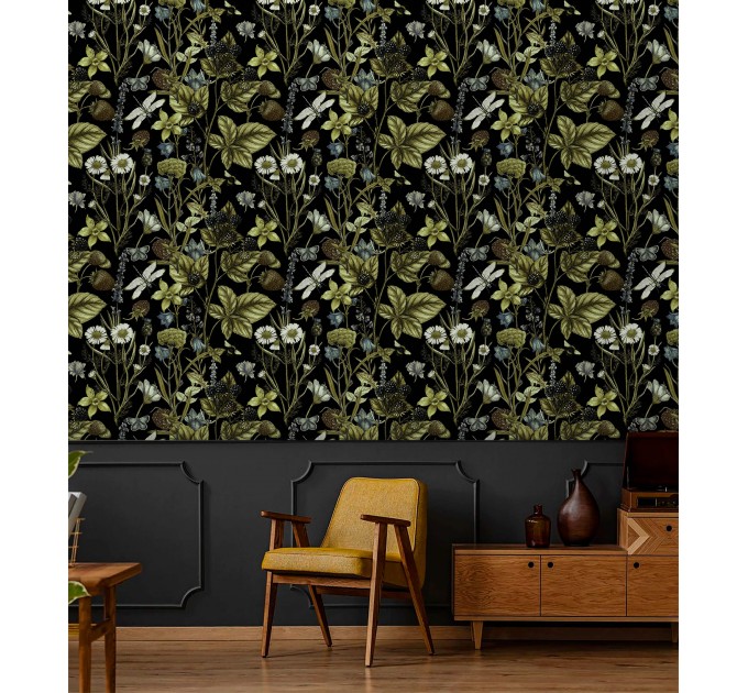 Dark botanical wallpaper wildflowers and herbs