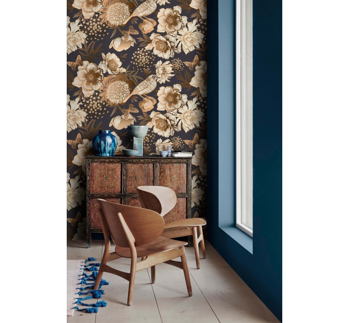 Dark floral wallpaper birds Elegant accent wallpaper