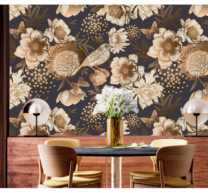 Dark floral wallpaper birds Elegant accent wallpaper
