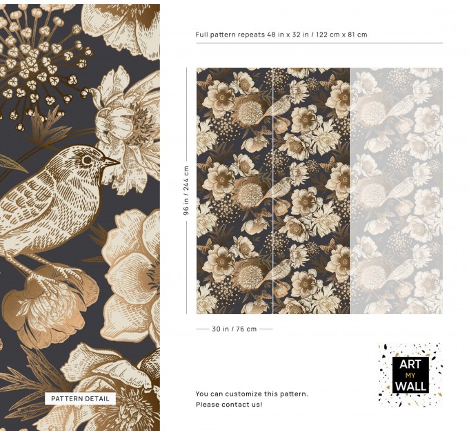 Dark floral wallpaper birds Elegant accent wallpaper