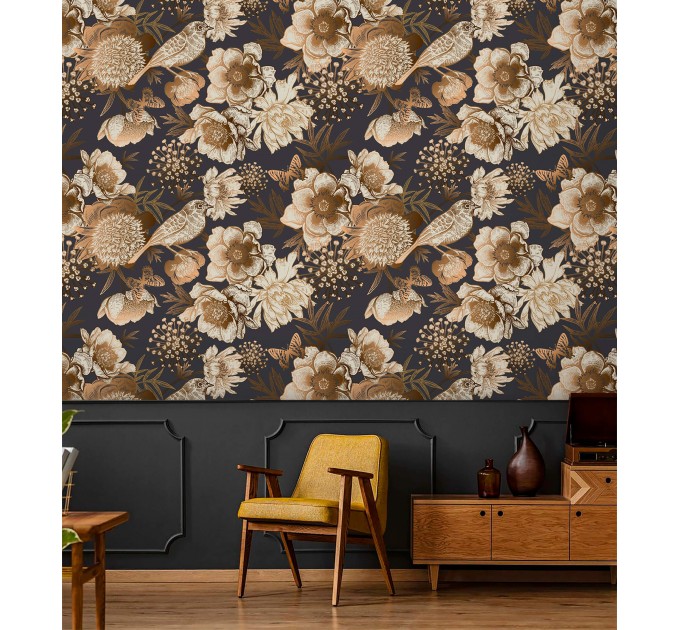 Dark floral wallpaper birds Elegant accent wallpaper