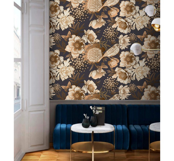 Dark floral wallpaper birds Elegant accent wallpaper