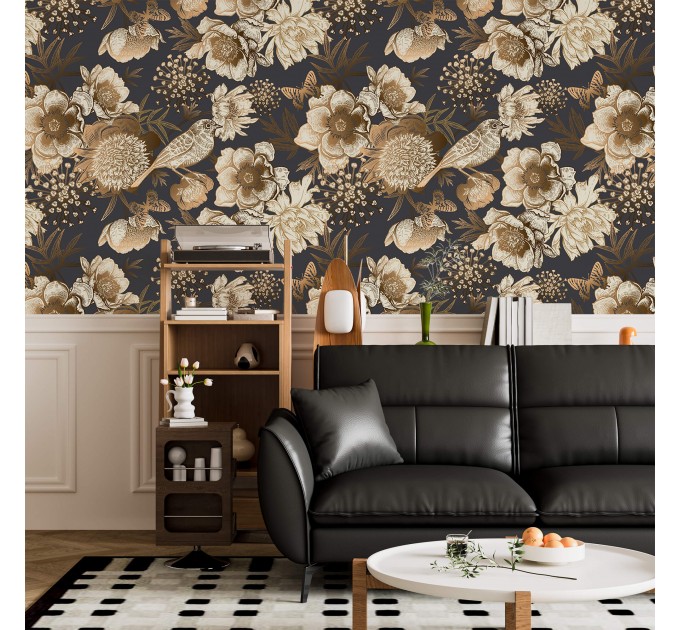 Dark floral wallpaper birds Elegant accent wallpaper