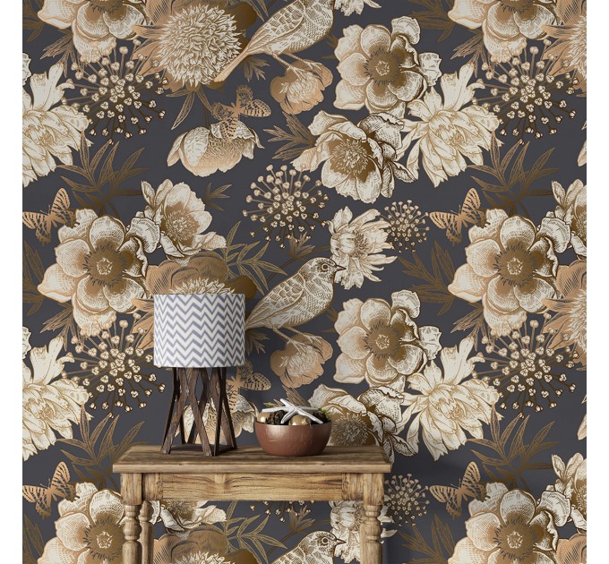 Dark floral wallpaper birds Elegant accent wallpaper